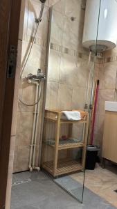 a bathroom with a shower with a shelf in it at Neversea - City Center Apart in Constanţa