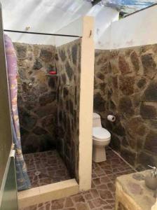 a stone bathroom with a shower and a toilet at Fresca casa completa Monterrey casanare in Monterrey