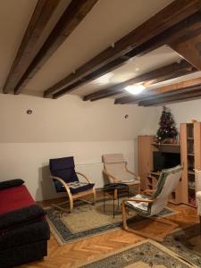 a living room with two chairs and a christmas tree at Holiday Home Mrljes in Rast