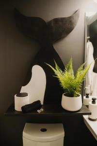 een badkamer met een plant op een plank boven een toilet bij The Orca Pad at Waddigton Flats in Victoria
