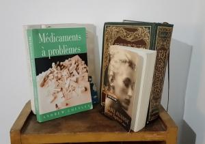 three books sitting on top of a wooden shelf at Apartment in Safi Fantastic Near the sea, Morocco in Safi