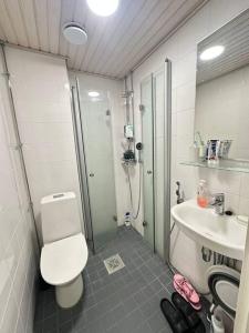 uma casa de banho com um chuveiro, um WC e um lavatório. em Centric Cozy entire studio in Kallio, Helsinki em Helsinque