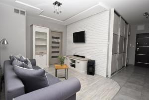 a living room with a couch and a tv on a wall at Apartament przy Starówce in Elblag