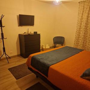 um quarto com uma cama, uma televisão e uma cadeira em les chambres de Sandra em Volognat