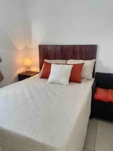 1 dormitorio con 1 cama grande con almohadas rojas y blancas en Ecoterra House Santa Ana 
