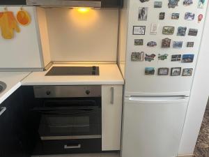 eine Küche mit einem Kühlschrank mit Magneten darauf in der Unterkunft Апартамент Панорама in Chissarja