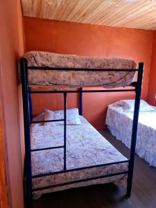 ピチレムにあるBosque Estrelladoのオレンジ色の壁の客室で、二段ベッド2台が備わります。