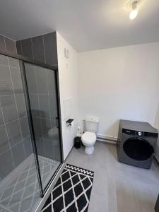 uma casa de banho com um chuveiro e um WC. em Appartement cosy em Meaux