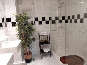 a bathroom with a shower and a tub with plants at Gasthuis In de Heilige Stede in Hasselt