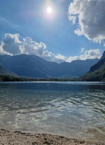 una gran masa de agua con montañas en el fondo en Comfy mountain nest, en Mojstrana