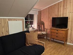 ein Wohnzimmer mit einem schwarzen Sofa und einem TV in der Unterkunft 54:an - flott rekkehus med gangavstand til sentrum in Røros