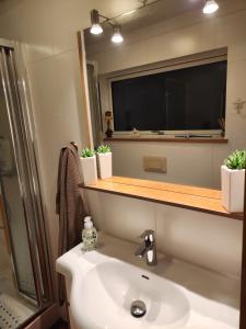 uma casa de banho com um lavatório e um espelho em Pokój z prywatną łazienką i kuchnią z hot pot em Keflavík
