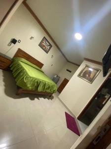 ein Schlafzimmer mit einem grünen Bett in einem Zimmer in der Unterkunft Hostal Los Pozos in Potosí