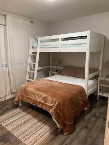 1 dormitorio con 2 literas y escalera en Auk Nu, Cove View Alaskan Home, en Mendenhaven