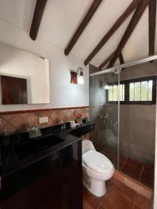 a bathroom with a toilet and a glass shower at CASA CAMPESTRE VILLA SANTANA in Villa de Leyva