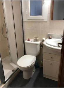 y baño con aseo, lavabo y ducha. en Habitacion RUSTICA en Palma para una sola persona en casa familiar, en Palma de Mallorca