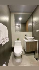a bathroom with a white toilet and a sink at Hermoso Loft en North Point in Bogotá