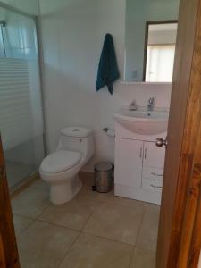 La salle de bains est pourvue de toilettes et d'un lavabo. dans l'établissement Casa en Punta Puyai, à Papudo