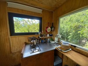 eine Küche mit einer Theke mit einem Herd und einem Fenster in der Unterkunft Casa árbol Conguillio National Park in Melipeuco