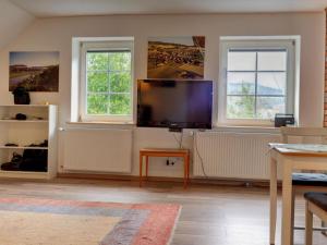 uma sala de estar com uma televisão de ecrã plano e 2 janelas em Holiday apartment loft em Hehlen