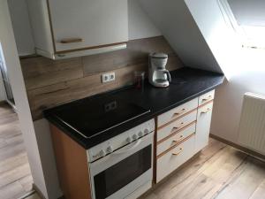a small kitchen with a stove and a counter top at Holiday apartment loft in Hehlen +25 photos