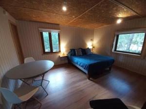 1 dormitorio con 1 cama y 1 mesa en una habitación en Conguillio cabaña Concón Turismo Conguillio, en Santa María