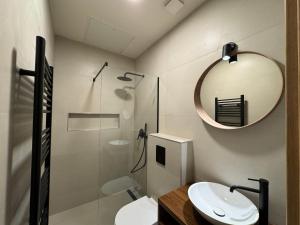 a bathroom with a sink and a mirror and a shower at Grandpa's Chalet Jahorina in Jahorina