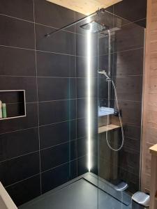 a shower with a glass door in a bathroom at Superbe chalet avec vue montagne in Orcières