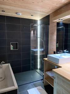 a bathroom with a shower and a sink at Superbe chalet avec vue montagne in Orcières