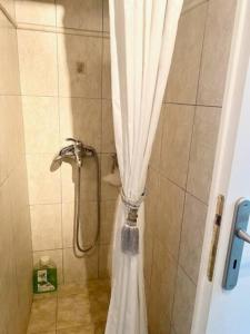 La salle de bains est pourvue d'une douche avec rideau de douche. dans l'établissement Sylvia's House - a unique waterfront location, à Kokkari