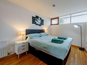 ein Schlafzimmer mit einem großen Bett mit blauen Kissen in der Unterkunft 1 Bed in Westward Ho NASEA in Westward Ho