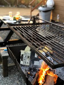 a block of money on a grill with fire at Cabañas Altos de Cahuil in Cáhuil