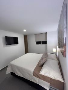 a bedroom with a bed and a flat screen tv at Apto cerca a la 10 del poblado in Medellín