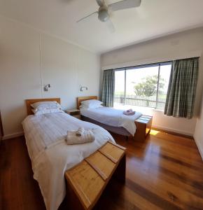 two beds in a room with a large window at Bellevue Farmstay in Scotts Creek