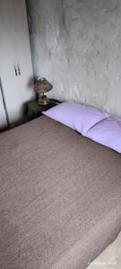 a bed with purple sheets and a table with a lamp at Mi casa in Chuy