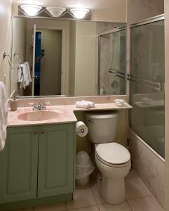 uma casa de banho com um WC, um lavatório e um chuveiro em SixPine Suite em Vancouver