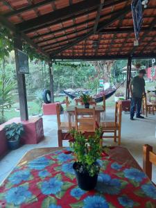 a table and chairs under a pavilion with a table and plants at Pousada, Camping e Restaurante do Sô Ito in Santa Rita de Jacutinga +54 photos