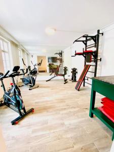 einen Fitnessraum mit Laufbändern und Heimtrainern in einem Zimmer in der Unterkunft Mariazeller Alpen Chalet in Mariazell