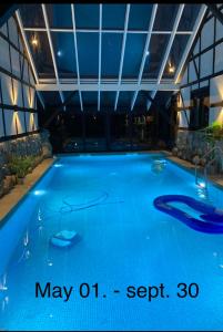 a large blue swimming pool in a building at Poolhouse, no smoking everywhere in Kvistgård