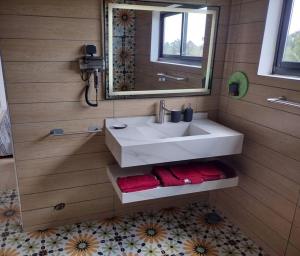 ein Badezimmer mit einem weißen Waschbecken und einem Spiegel in der Unterkunft Ivy Residence 4br 6ba with terrasse in Porto-Novo