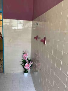 a bathroom with a vase of flowers on a tile wall at Grutas Tolantongo enixmiquilpan Casamuygde 10camas in Ixmiquilpan