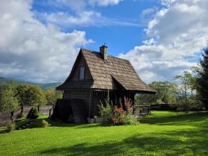 an old house on a field with a green lawn at Chatka Kudłatka in Wetlina