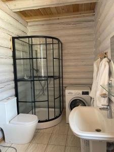 een badkamer met een wastafel en een wasmachine bij eco-house Talhiz in Talghar
