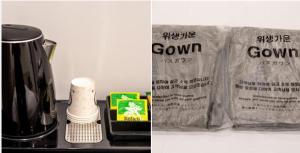 ekspres do kawy obok torby z jedzeniem i dzbanka do kawy w obiekcie Baron De Hotel w Seulu
