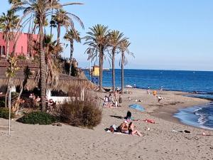 a group of people on a beach with palm trees at Studio mit Meerblick und Nähe zum Strand, WLAN in Torremolinos