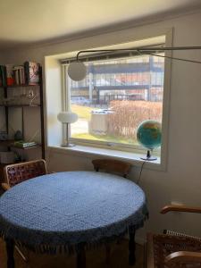 a room with a table and a window with a blue rug at Cosy aparment in Bergen in Bergen