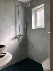a bathroom with a shower and a toilet and a window at Cosy aparment in Bergen in Bergen