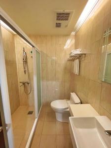a bathroom with a toilet and a shower and a sink at Ludao Hotel in Jinning