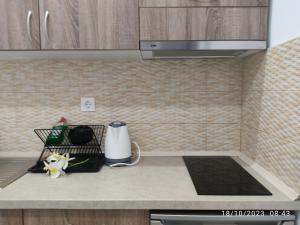 a kitchen with a counter top with a blender on it at Budget Studio by the Sea in Perea