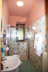 a bathroom with a sink and a toilet and a shower at La Foresteria di San Leo in Trivigno